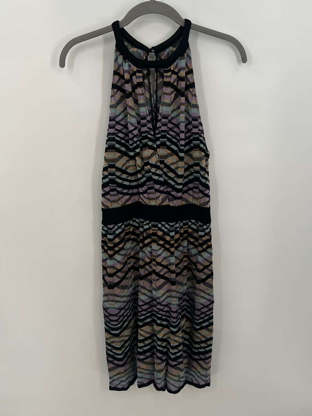 M by Missoni Black Halter Chevron Sweater Midi Dress with Pastel Stripes